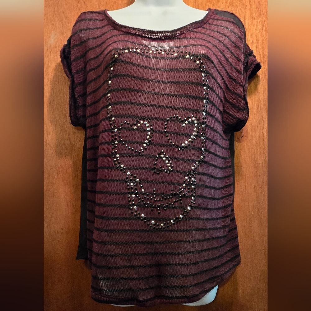 BONGO Black & Burgundy Striped Sheer Short Sleeve Skull Tee SzXL - Picture 2 of 7
